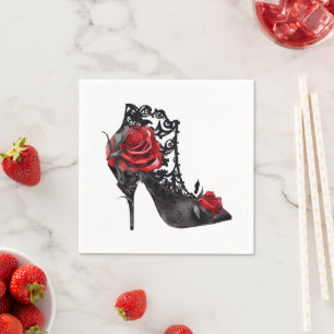 Serviette En Papier Vampy Vogue   Stiletto Lace Bootie et Red Roses