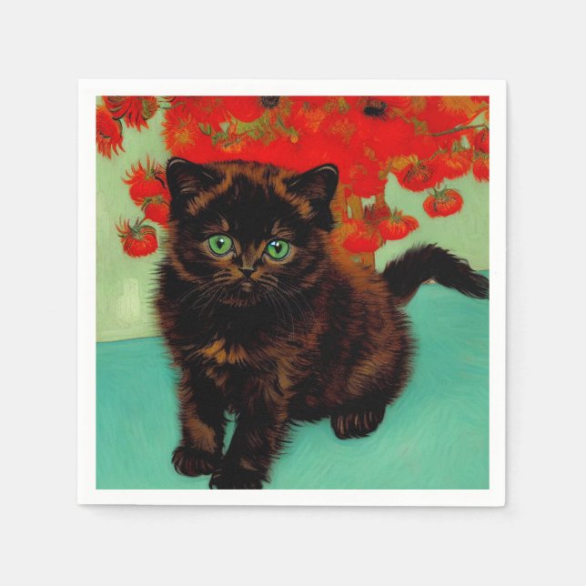 Serviette En Papier Van Gogh Chat noir Fleurs rouges (Devant)