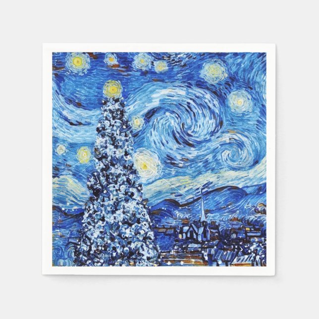 Serviette En Papier Van Gogh - La nuit étoilée - Napk de Noël blanc (Devant)