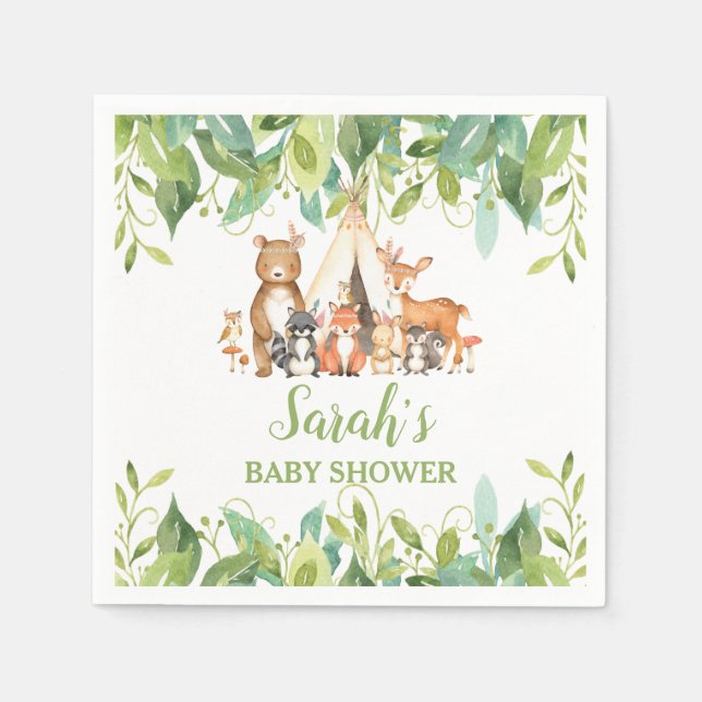 Serviette En Papier Végétal Bois Animaux Baby shower Enfant d'annivers (Devant)