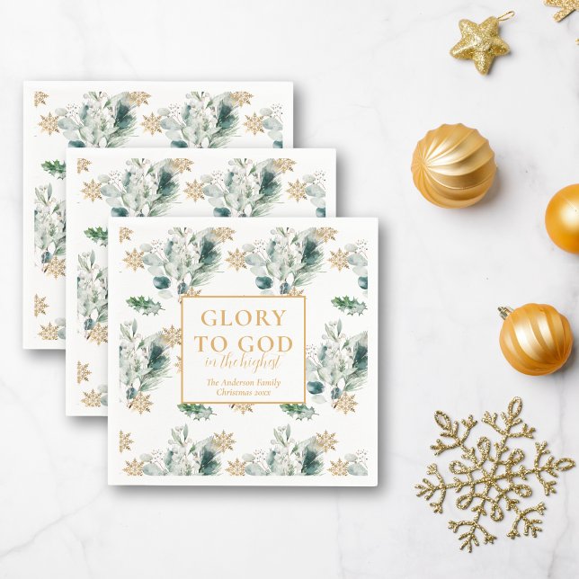 Serviette En Papier Végétation d'hiver Bible Verse Noël religieux (Religious Christmas Glory to God cocktail napkins with winter greenery)