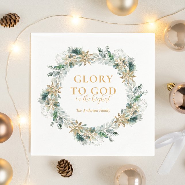 Serviette En Papier Végétation d'hiver Bible Verse Noël religieux (Religious Christmas Glory to God Bible verse napkin with winter greenery)