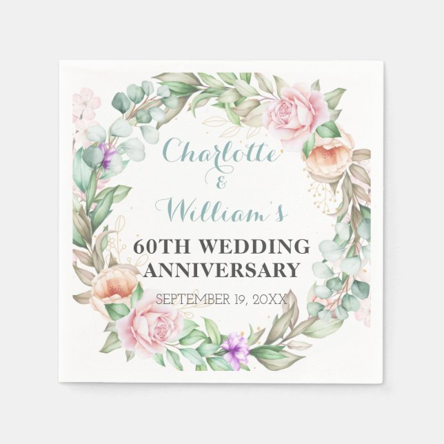 Serviette En Papier Végétation rose 60e Anniversaire du Mariage Diamon (Devant)