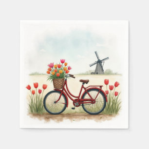Serviette En Papier Vélo Rouge Avec Tulipes Néerlandaises