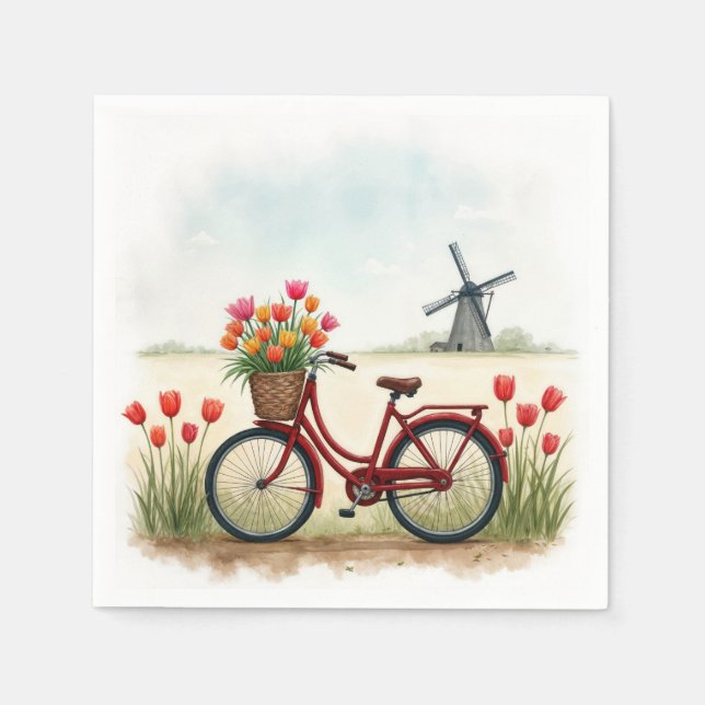Serviette En Papier Vélo Rouge Avec Tulipes Néerlandaises (Devant)