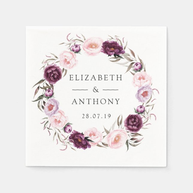 Serviette En Papier Velours profond et Mariage floral rose pâle (Devant)