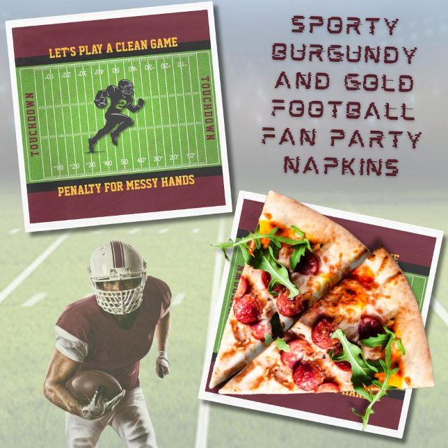 Serviette En Papier Ventilateur de football sportif de Bourgogne et d' (Sporty Burgundy and Gold Football Fan Napkins)