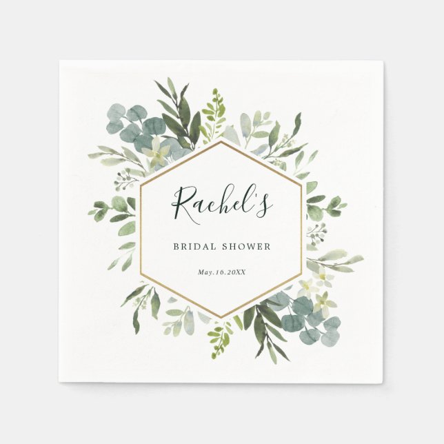 Serviette En Papier Verdure Aquarelle Or Hexagon Fête des mariées (Devant)