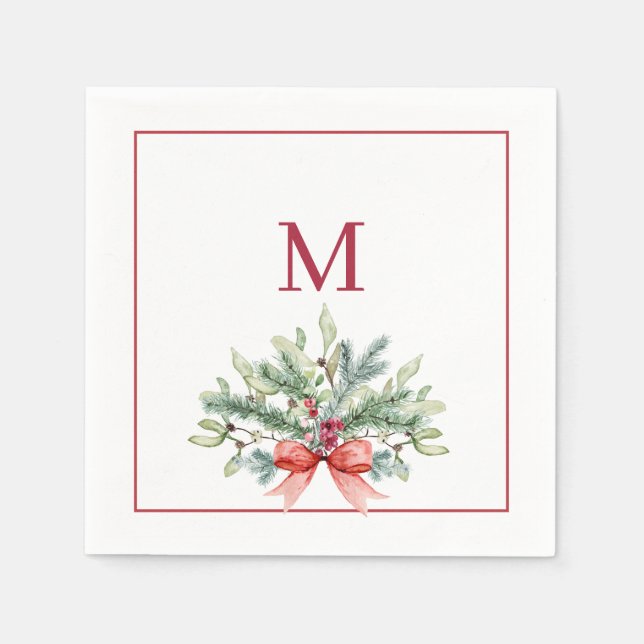 Serviette En Papier Verdure de Noël avec monogramme rouge (Devant)