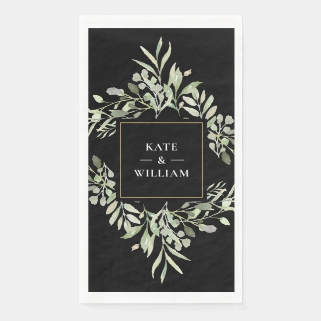 Serviette En Papier Verdure Foliage Noir et Blanc Mariage Or (Devant)