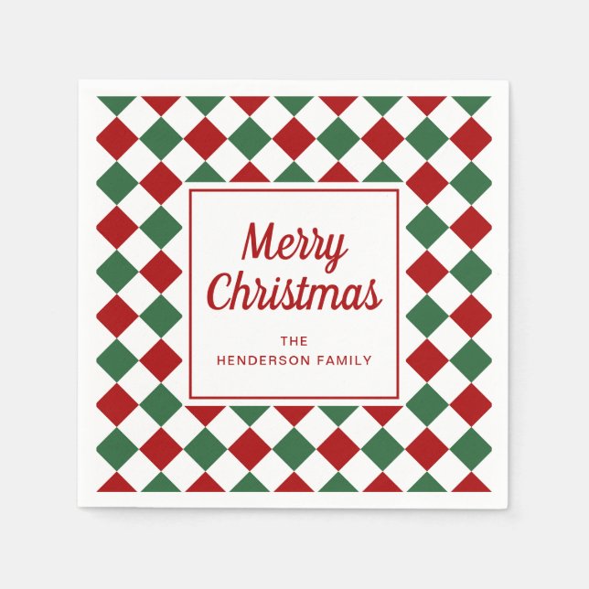 Serviette En Papier Vérifications vertes rouges festives Joyeux Noël (Devant)