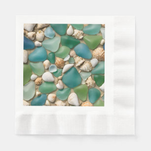 Serviette En Papier Verre de mer bleu et vert de plage et coquillages