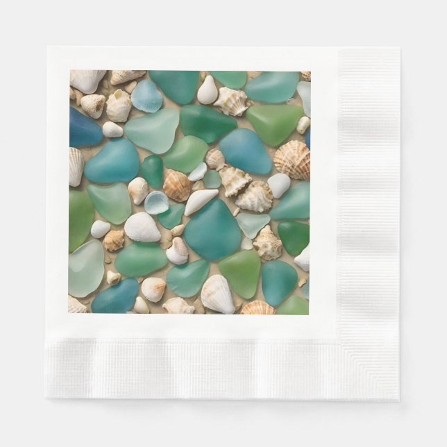 Serviette En Papier Verre de mer bleu et vert de plage et coquillages (Devant)