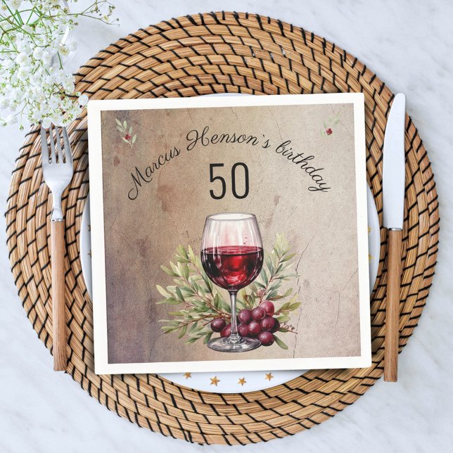 Serviette En Papier Verre rouge Olive Aquarelle 50e anniversaire (Créateur téléchargé)