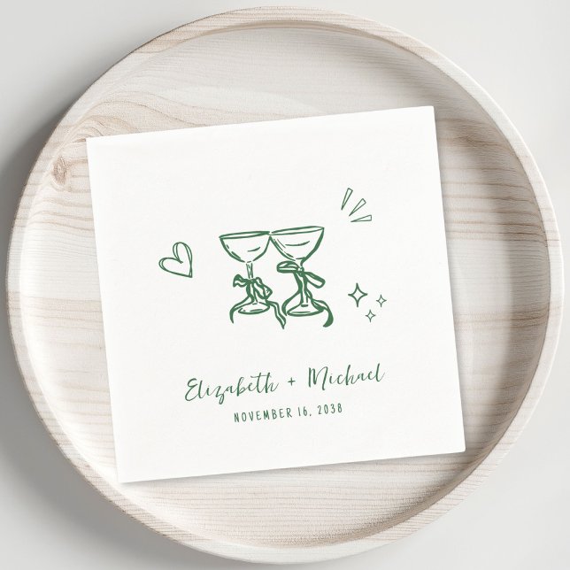 Serviette En Papier Verres à vin verts dessinés à la main de manière f (Whimsical Hand Drawn Green Wine Glasses Wedding Napkins)