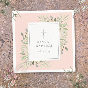 Serviette En Papier Vert argenté baptême baptême rose poudrée