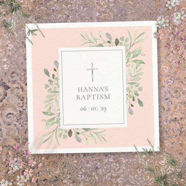 Serviette En Papier Vert argenté baptême baptême rose poudrée (Greenery Silver Baptism Christening Blush Pink Napkins)