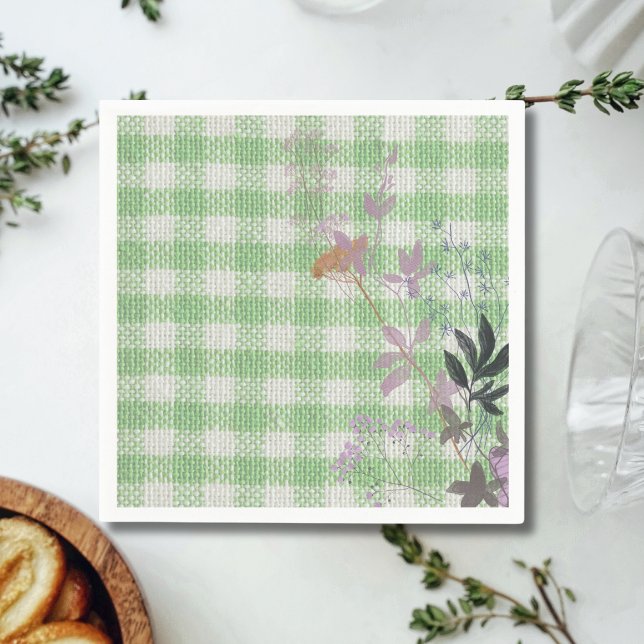 Serviette En Papier Vert Blanc Floral En vichy Plaid Country Farmhouse (Créateur téléchargé)
