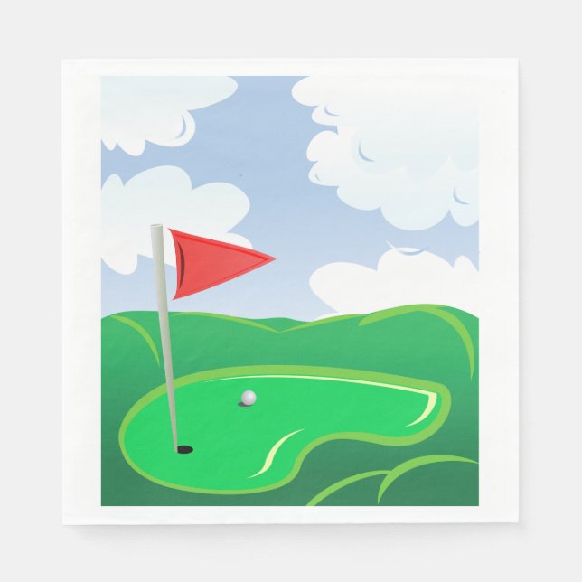 Serviette En Papier Vert de golf avec drapeau rouge et balle (Devant)