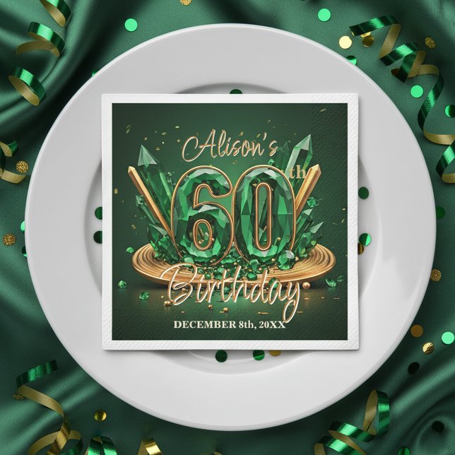 Serviette En Papier Vert émeraude de luxe et 60e anniversaire or (Créateur téléchargé)