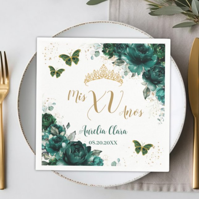 Serviette En Papier Vert émeraude floral Quinceanera papillons dorés (Créateur téléchargé)