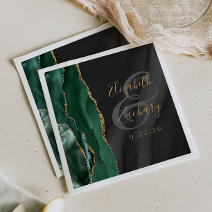 Serviette En Papier Vert émeraude or noir agate écriture mariage