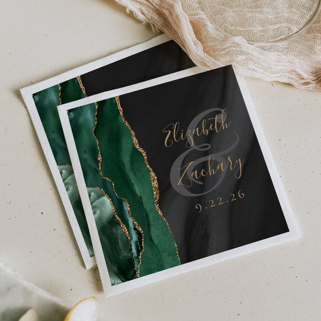 Serviette En Papier Vert émeraude or noir agate écriture mariage (Créateur téléchargé)
