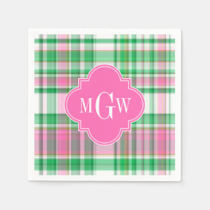 Serviette En Papier Vert émeraude Rose vif Blanc Madras Prépa Monogram