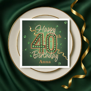 Serviette En Papier Vert émeraude scintillant et Or 40e Anniversaire