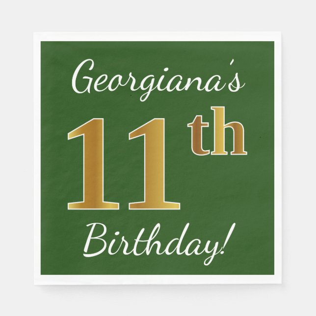 Serviette En Papier Vert, Faux Gold 11e anniversaire + Nom personnalis (Devant)
