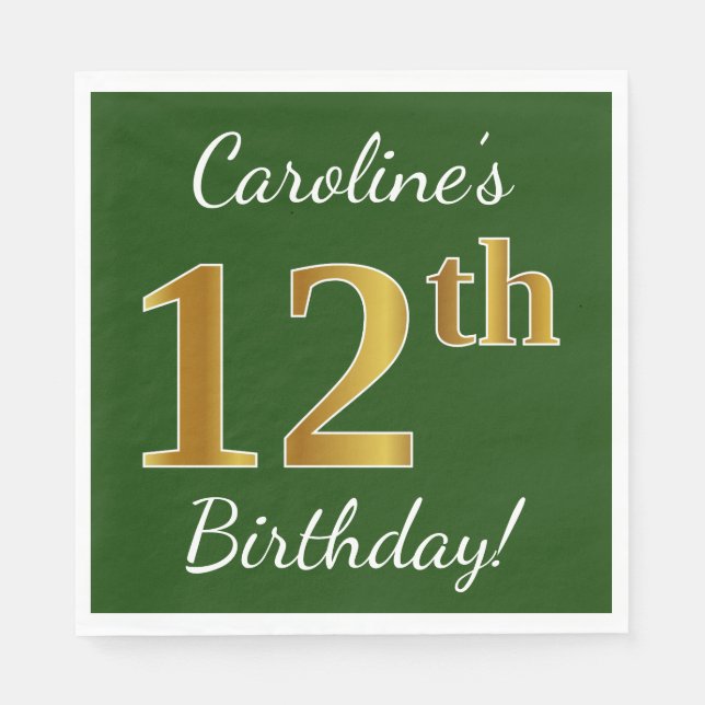 Serviette En Papier Vert, Faux Gold 12e anniversaire + Nom personnalis (Devant)