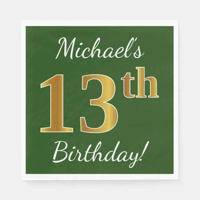 Serviette En Papier Vert, Faux Gold 13e anniversaire + Nom personnalis (Devant)
