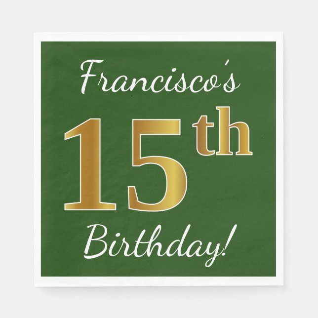 Serviette En Papier Vert, Faux Gold 15e anniversaire + Nom personnalis (Devant)