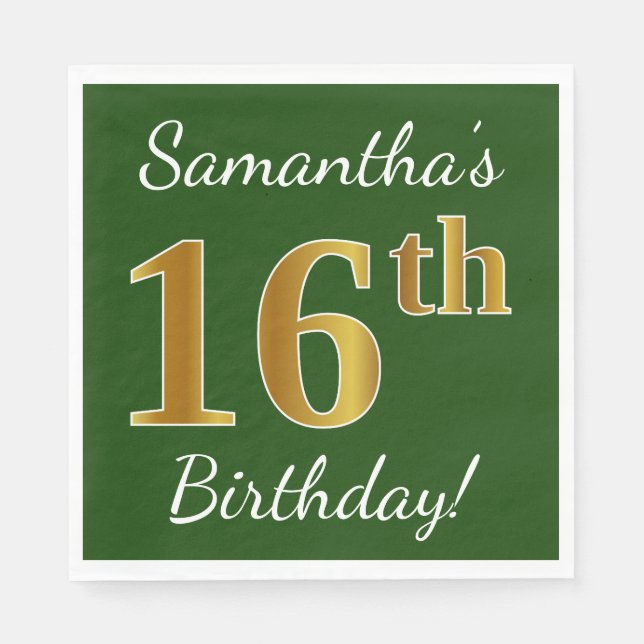 Serviette En Papier Vert, Faux Gold 16e anniversaire + Nom personnalis (Devant)