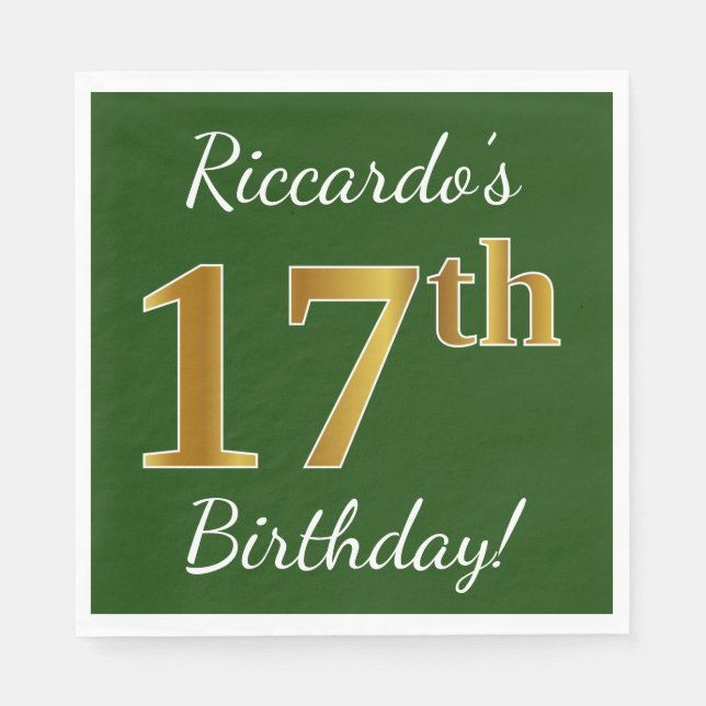 Serviette En Papier Vert, Faux Gold 17e anniversaire + Nom personnalis (Devant)
