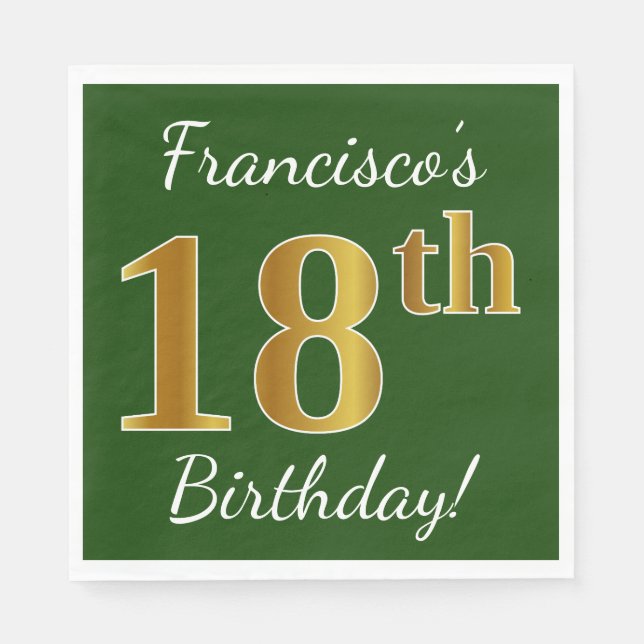 Serviette En Papier Vert, Faux Gold 18e anniversaire + Nom personnalis (Devant)