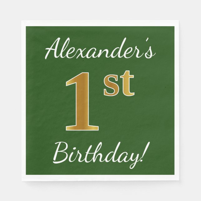 Serviette En Papier Vert, Faux Gold 1er anniversaire + Nom personnalis (Devant)