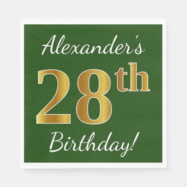 Serviette En Papier Vert, Faux Gold 28e anniversaire + Nom personnalis (Devant)