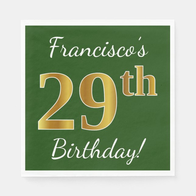 Serviette En Papier Vert, Faux Gold 29e anniversaire + Nom personnalis (Devant)