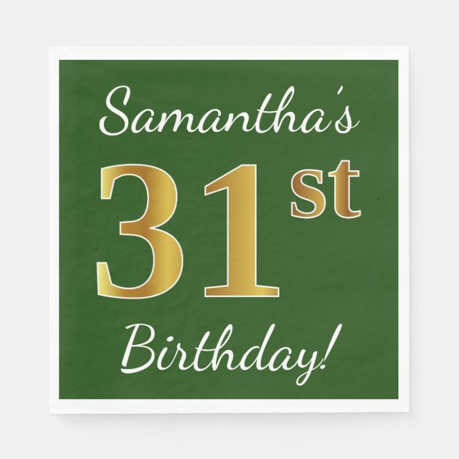 Serviette En Papier Vert, Faux Gold 31e anniversaire + Nom personnalis (Devant)