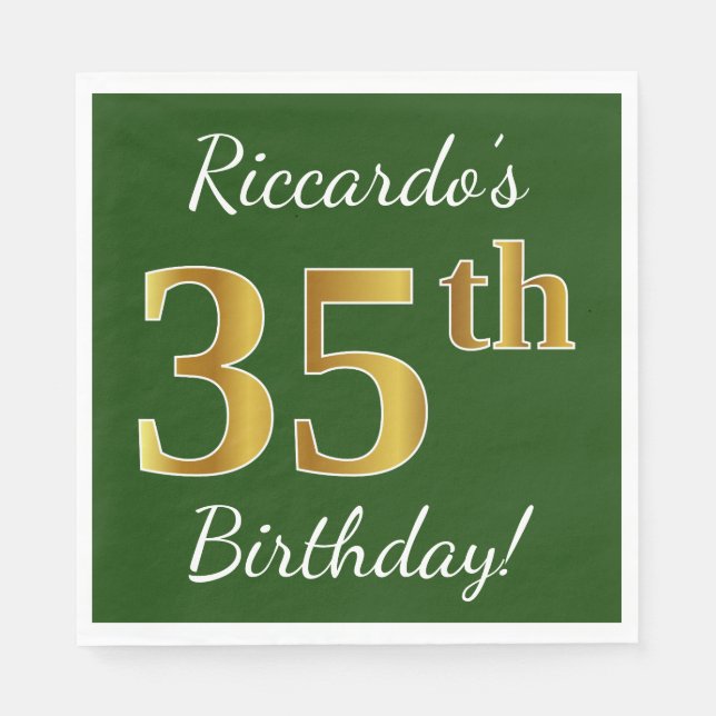 Serviette En Papier Vert, Faux Gold 35e anniversaire + Nom personnalis (Devant)