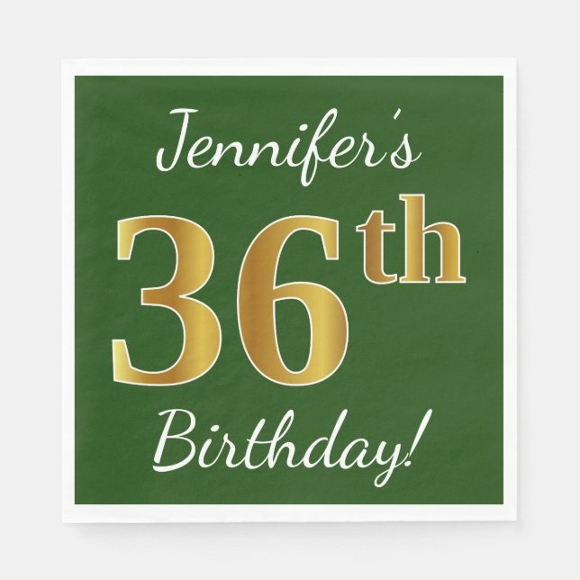 Serviette En Papier Vert, Faux Gold 36e anniversaire + Nom personnalis (Devant)