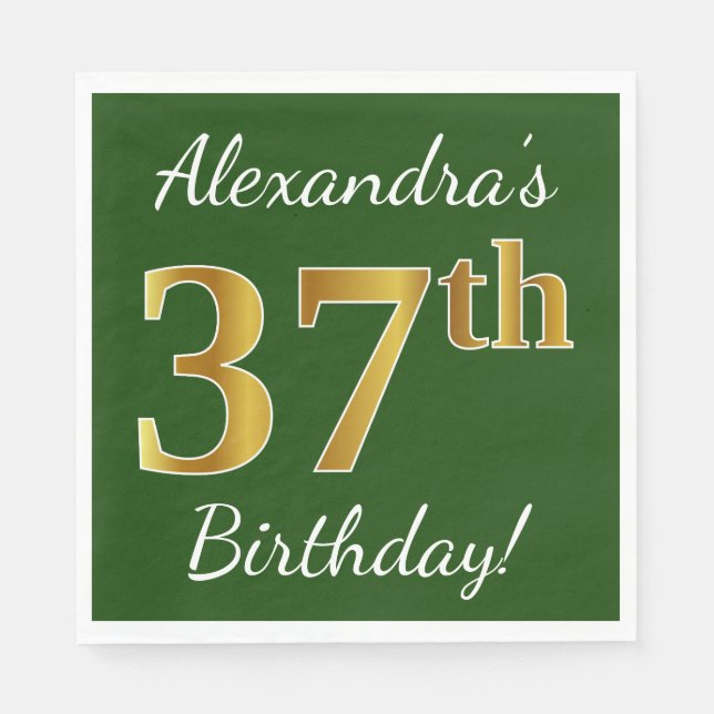 Serviette En Papier Vert, Faux Gold 37e anniversaire + Nom personnalis (Devant)