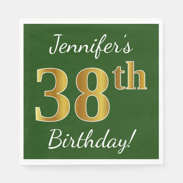 Serviette En Papier Vert, Faux Gold 38e anniversaire + Nom personnalis (Devant)