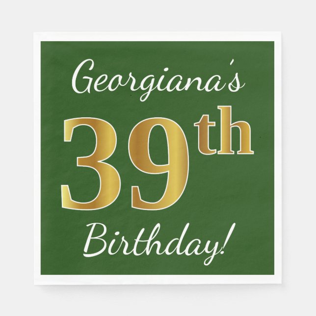 Serviette En Papier Vert, Faux Gold 39e anniversaire + Nom personnalis (Devant)