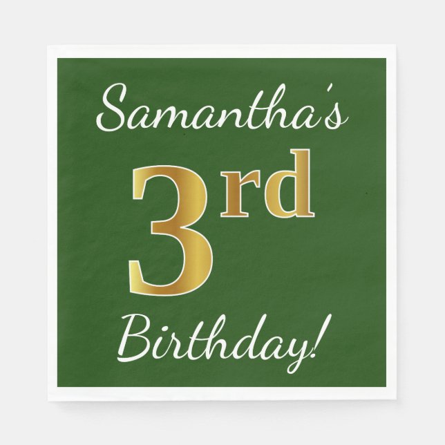Serviette En Papier Vert, Faux Gold 3ème anniversaire + Nom personnali (Devant)
