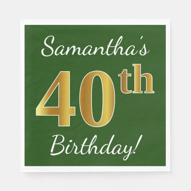 Serviette En Papier Vert, Faux Gold 40e anniversaire + Nom personnalis (Devant)