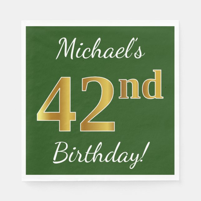 Serviette En Papier Vert, Faux Gold 42e anniversaire + Nom personnalis (Devant)
