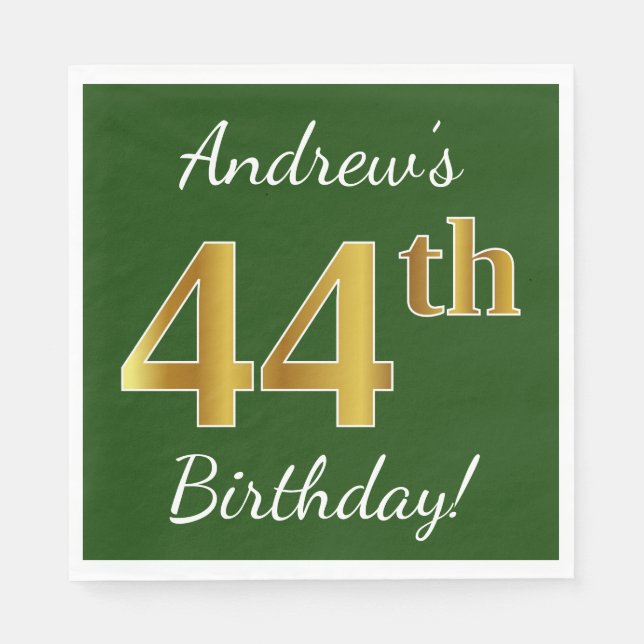 Serviette En Papier Vert, Faux Gold 44e anniversaire + Nom personnalis (Devant)