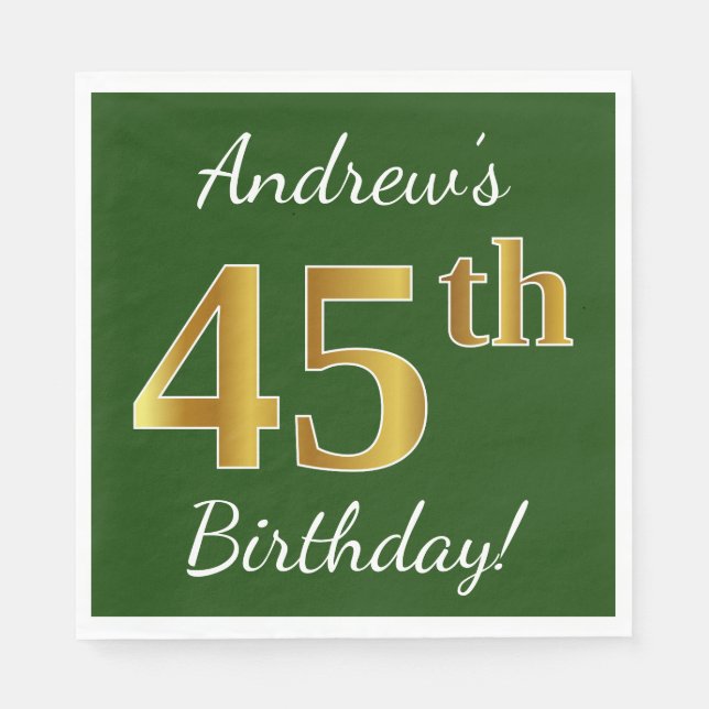 Serviette En Papier Vert, Faux Gold 45e anniversaire + Nom personnalis (Devant)